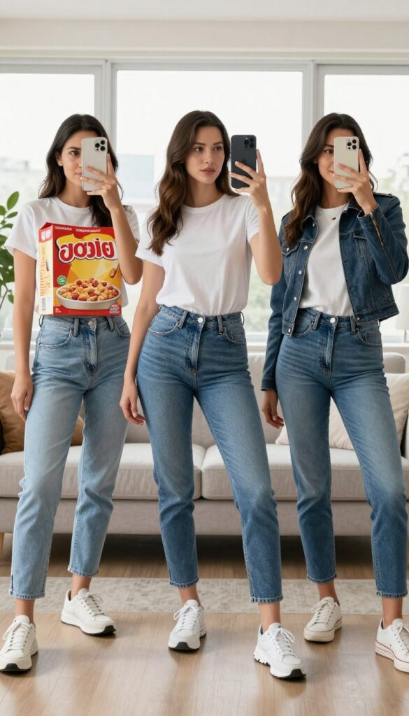 Group of four women in cereal box costumes posing for a selfie in a bright living room, each box decorated as a different cereal mascot, with playful makeup and props.