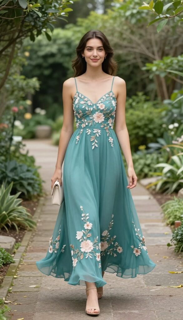 8. Teal Chiffon Dress with Floral Embroidery