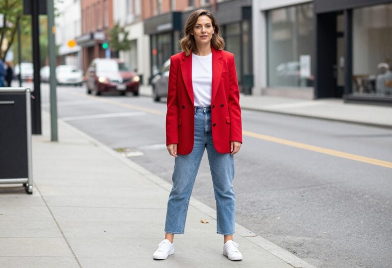 Woman wearing a modern 80s-inspired outfit with a red blazer and high-waisted jeans