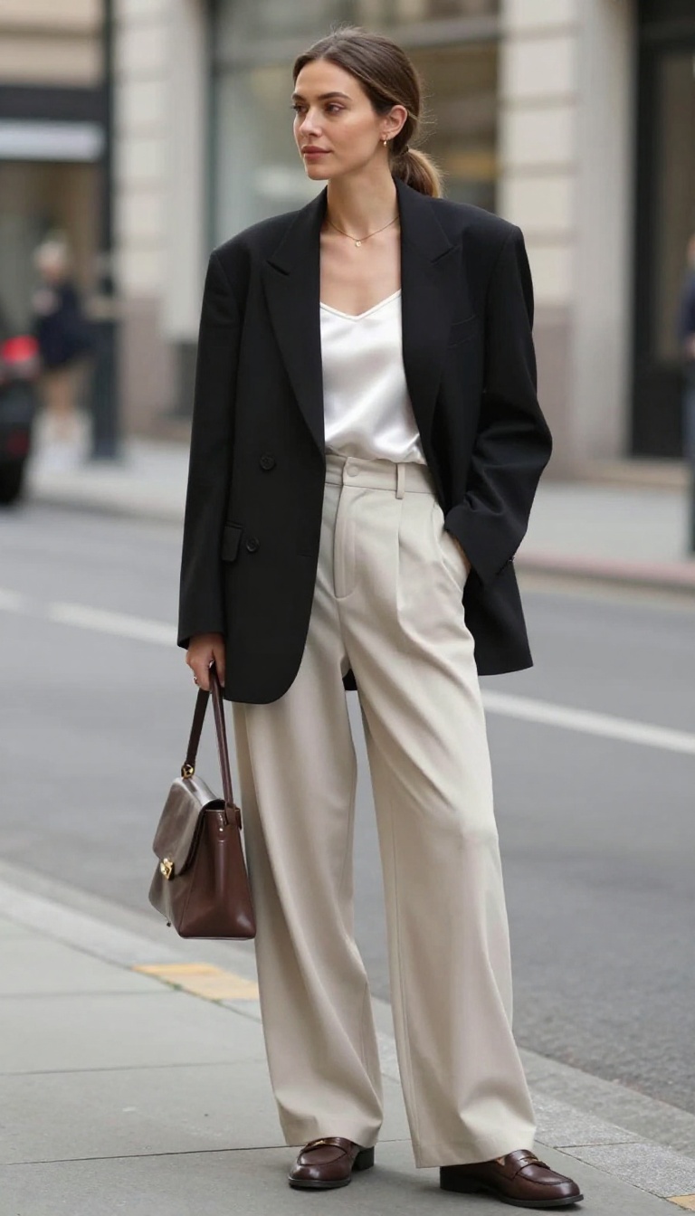 7. Shoulder-Padded Blazer with Wide-Leg Trousers