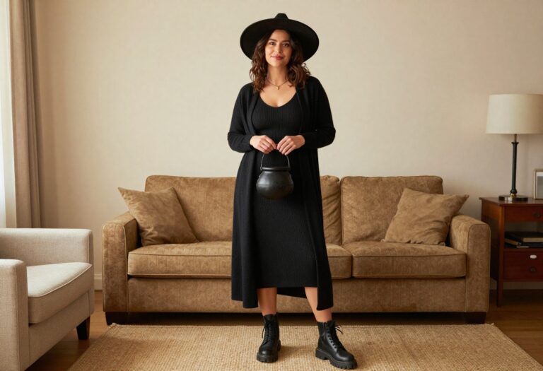 Woman wearing a modern witch costume with black duster cardigan, midi dress, combat boots, and wide-brim hat, standing in a cozy living room.