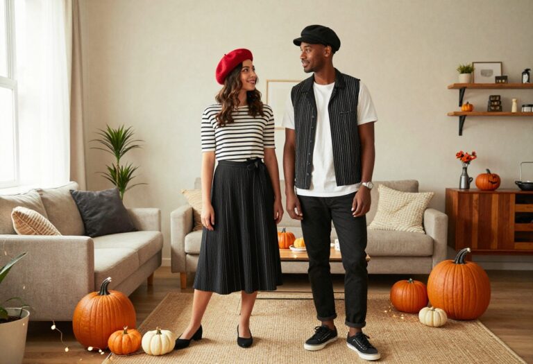 Couple in coordinated Bonnie and Clyde Halloween costumes posing in a living room