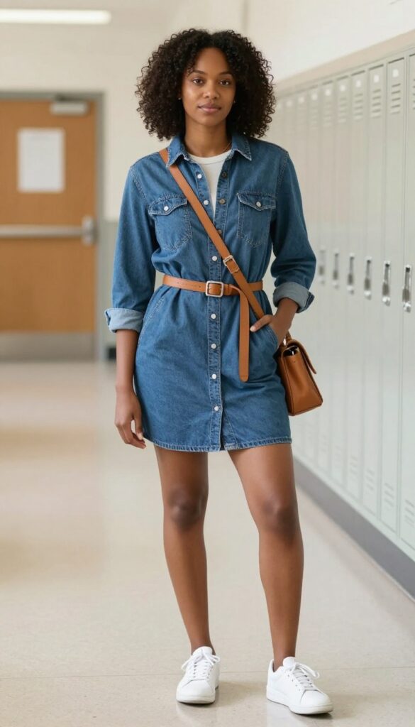3. Denim Shirt Dress & White Sneakers