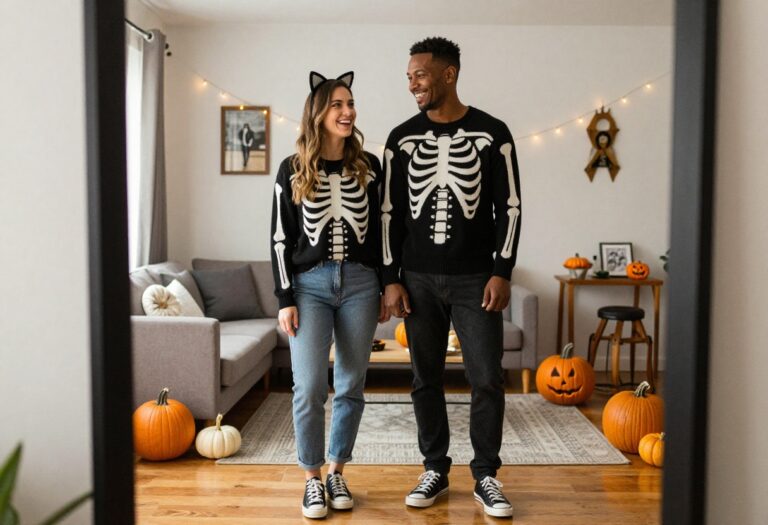 Couple in matching skeleton sweaters laughing together for Halloween