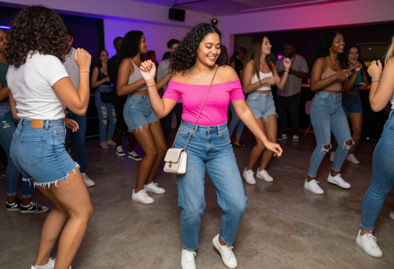 Woman in neon pink top and mom jeans dancing at a party