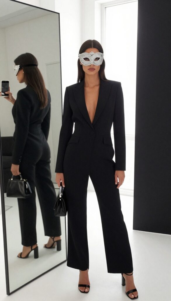 Tall model with dark hair in a sleek black jumpsuit and jeweled masquerade mask, taking a mirror selfie in a bright modern room.