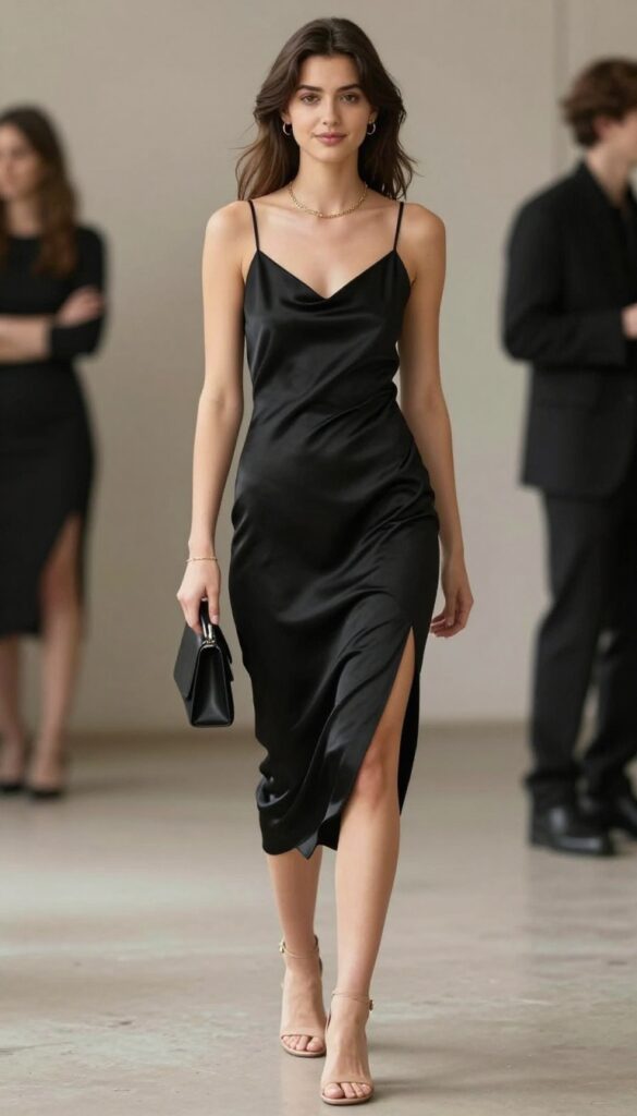 2. Sleek Satin Slip Dress with Delicate Jewelry