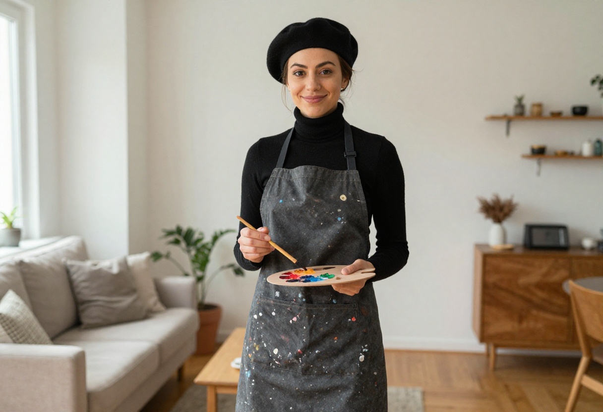 Woman dressed as an artist for Halloween, wearing a beret and paint-splattered apron, holding a palette and brush.