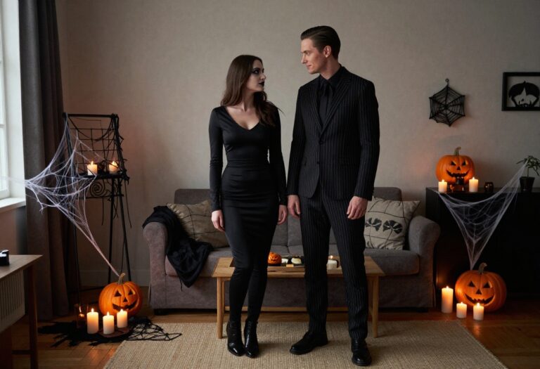 Couple in dark Halloween costumes, Morticia and Gomez style, posing in a dimly lit room.