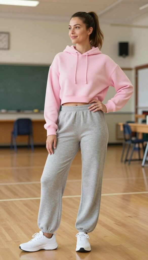 8. Wide-Leg Sweatpants + Cropped Hoodie + Running Shoes