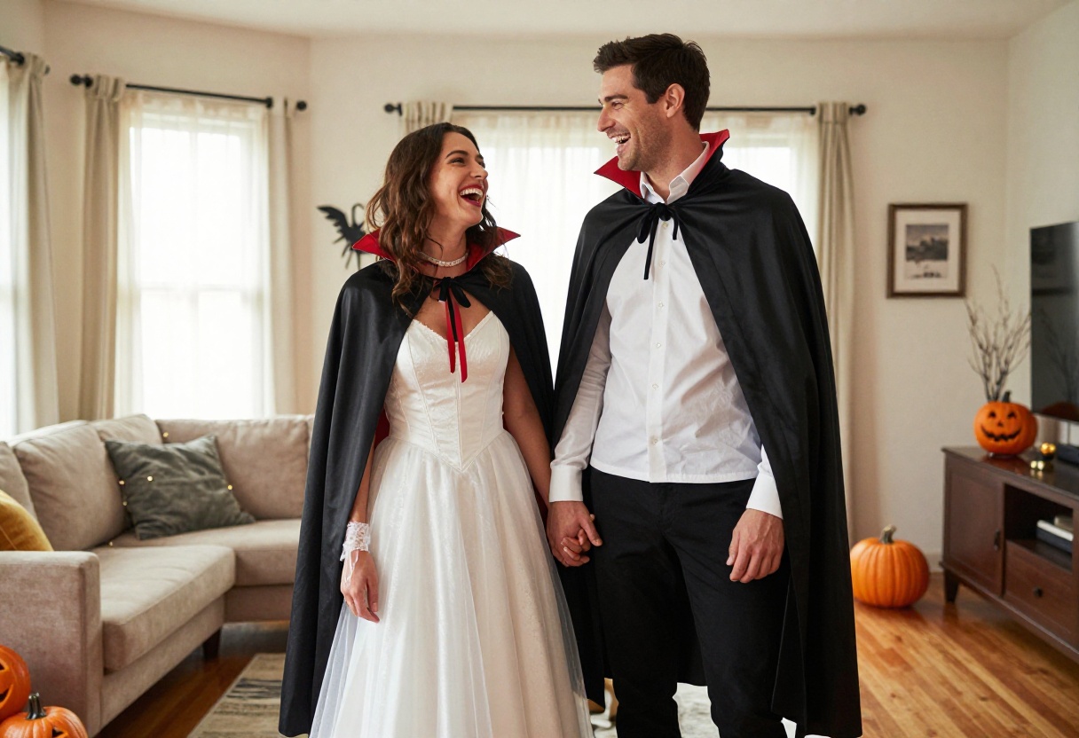 Couple in matching vampire Halloween costumes laughing together