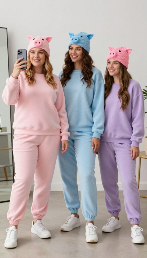 Three women in pastel sweatsuits (pink, blue, lavender) with pig snouts and curly tails, posing for a mirror selfie in a bright room, wearing matching beanies and white sneakers.