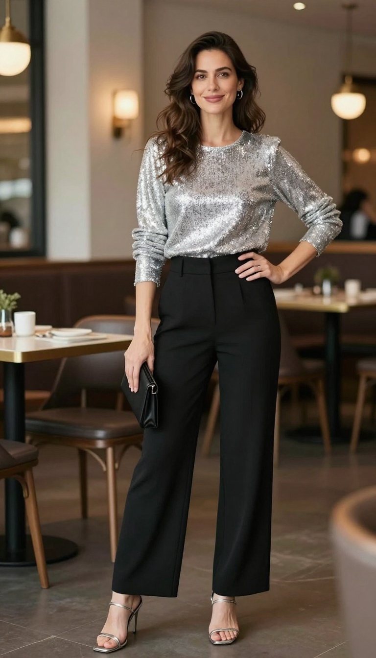 14. Sequined Top with Wide-Leg Trousers