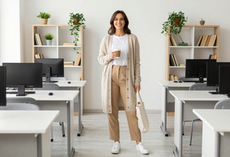 Midsize female teacher wearing a cardigan, trousers, and sneakers in a classroom