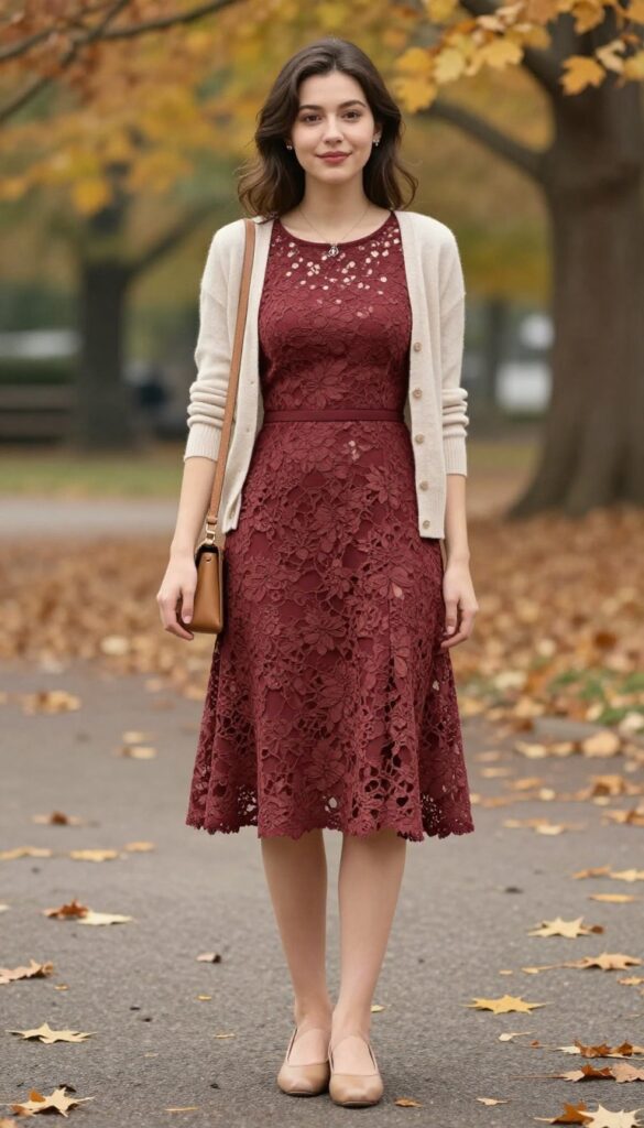 12. Burgundy Lace Dress with Cardigan and Flats