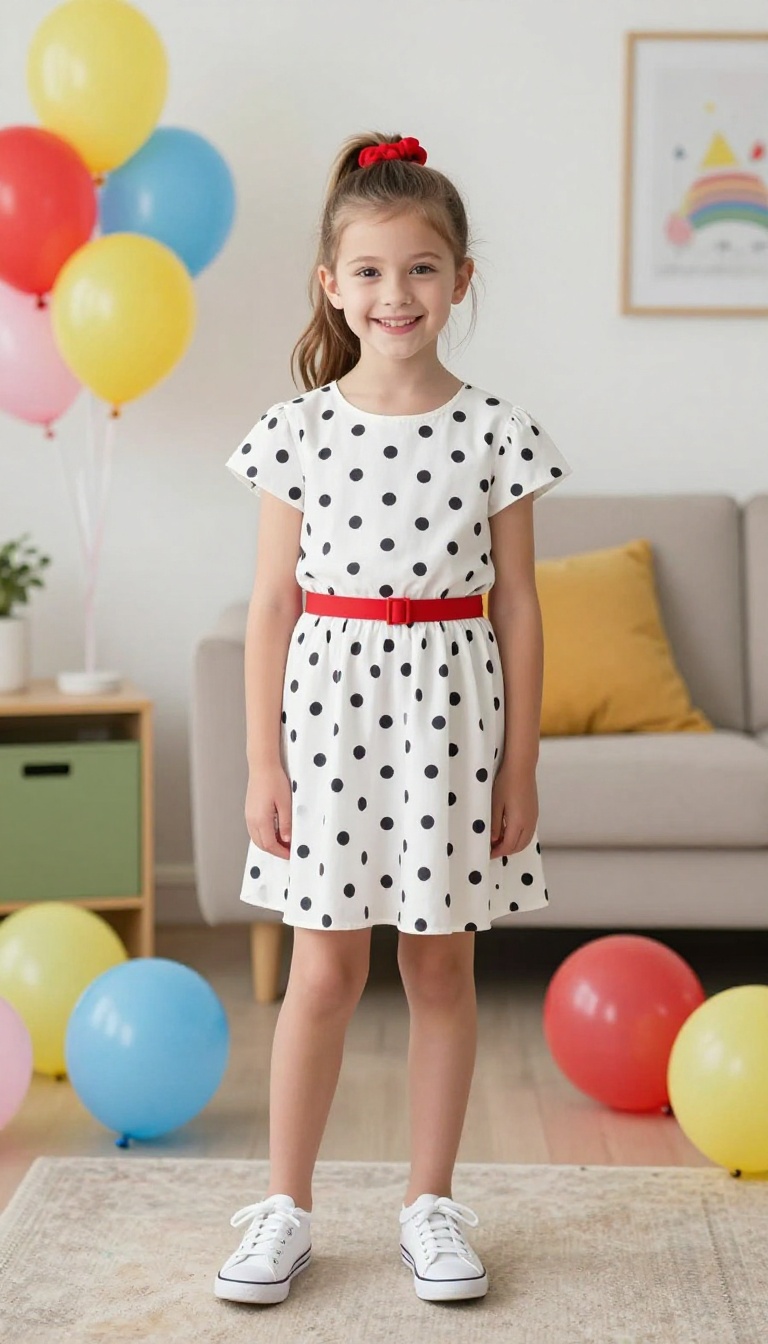 6. Polka Dot Dress with a Belt and Keds