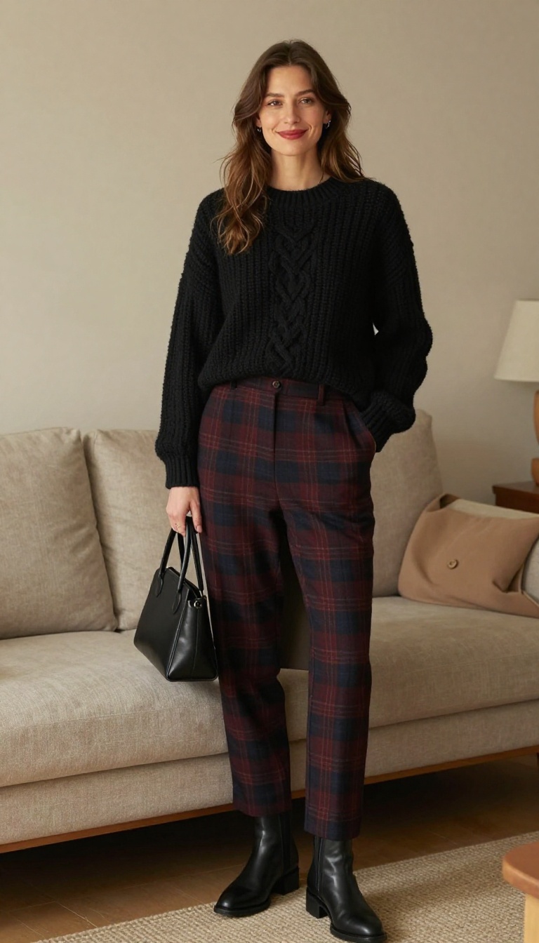 6. Casual Countess: Knit Sweater & Plaid Trousers