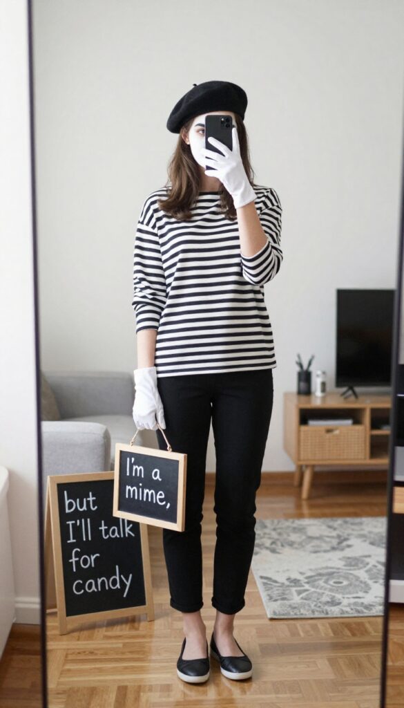 Woman in a mime costume with black and white stripes, white gloves, and a black beret, holding a phone up to take a selfie in a mirror. She wears a chalkboard sign that reads 'I'm a mime, but I'll talk for candy.' Her face is painted white with black accents, and she has a playful expression.
