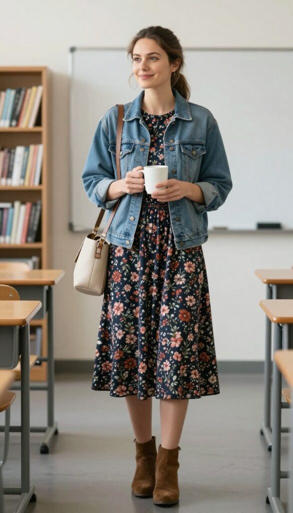 3. Denim Jacket + Floral Dress + Ankle Boots