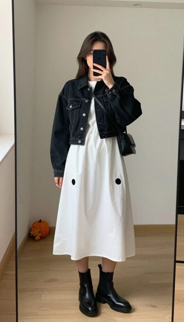 Young woman in a classic white sheet ghost costume with a black denim jacket, taking a mirror selfie, partially covering her face with her phone, in a bright minimal room.