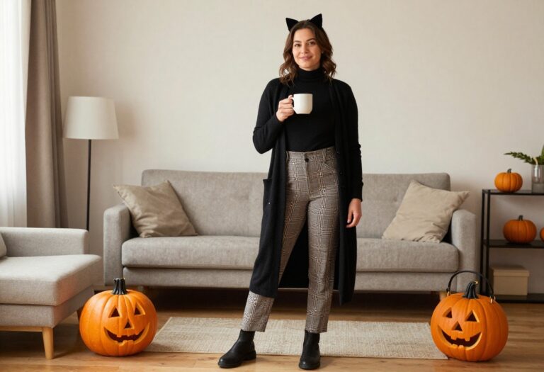 Woman in a chic black cat Halloween costume with plaid trousers and a coffee mug, standing in a cozy living room.