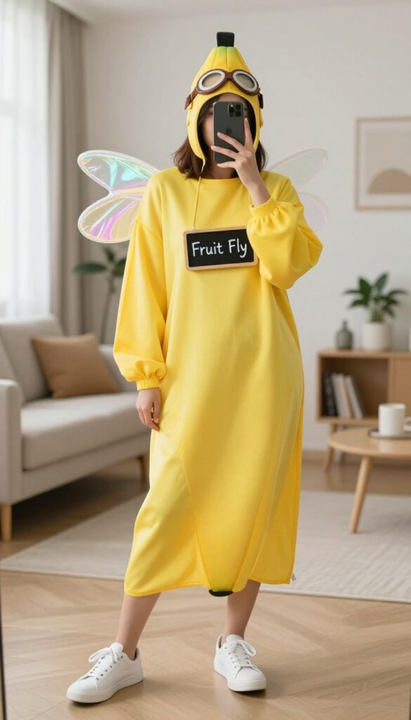 A woman in a banana costume with iridescent wings and a pilot hat takes a mirror selfie, holding a sign that says 'Fruit Fly'.