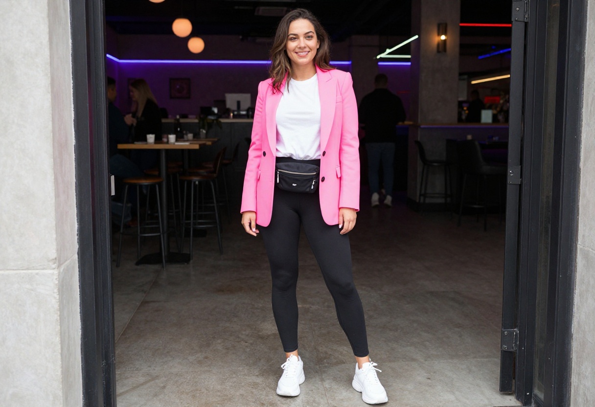 Woman in neon pink blazer and black leggings at a party with neon lights