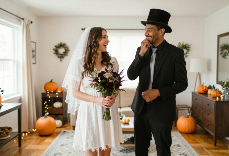 Couple dressed as ghost bride and groom laughing together in a cozy Halloween-themed living room