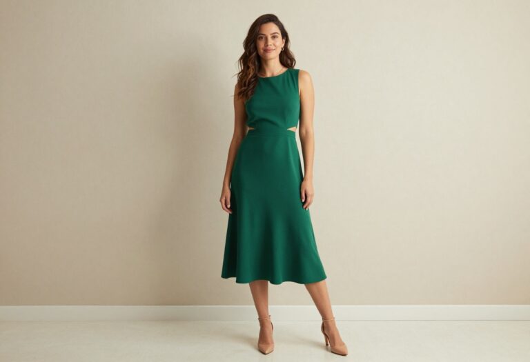 Young woman in emerald green A-line homecoming court dress with modern cutout, standing in a softly lit indoor setting