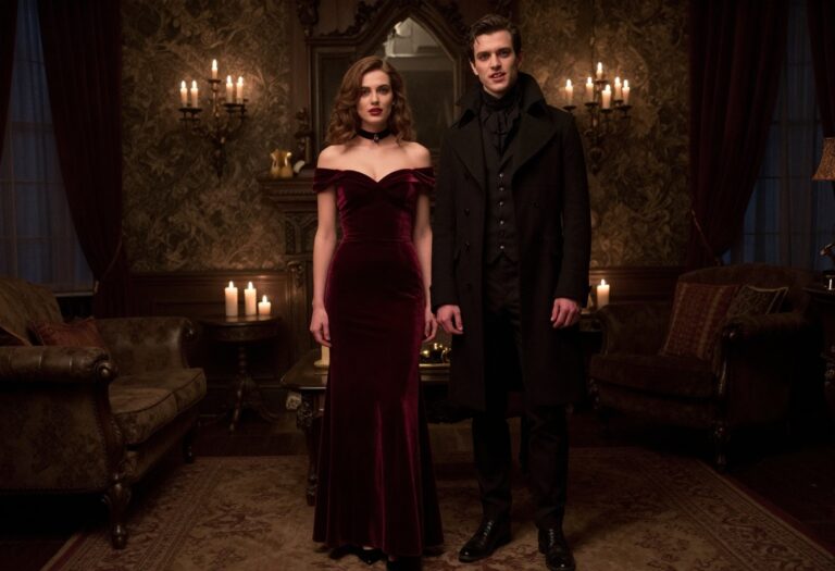 Vampire couple in dark romantic costumes, standing together in a candlelit room