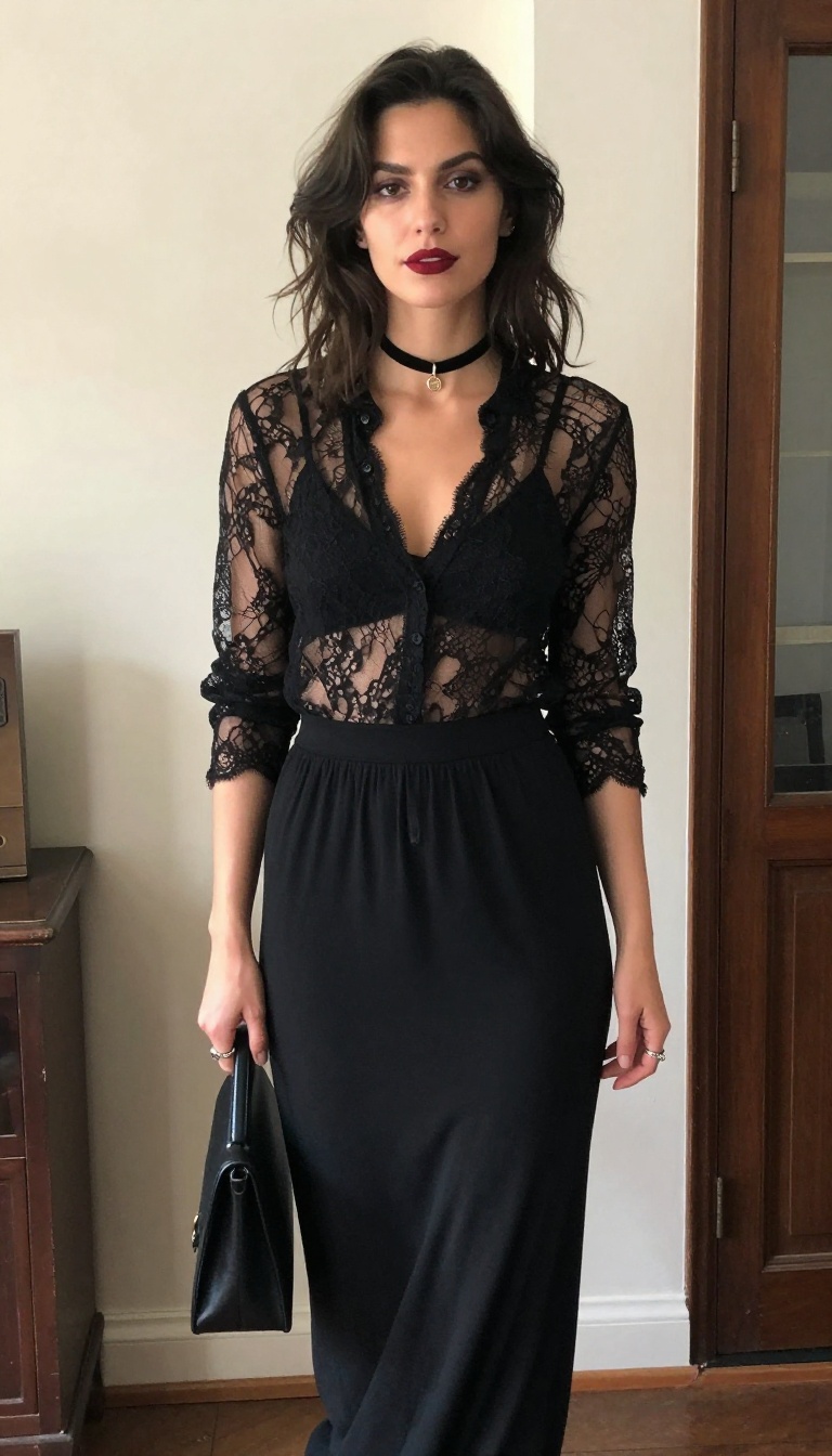 3. Gothic Romantic: Lace Blouse & Flowing Maxi Skirt