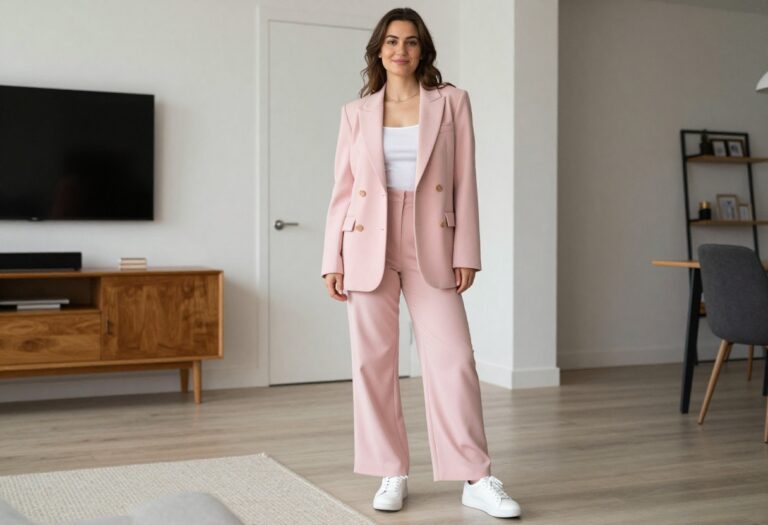 Woman wearing a pastel pink 80s-inspired power suit with white sneakers, standing in a bright living room.