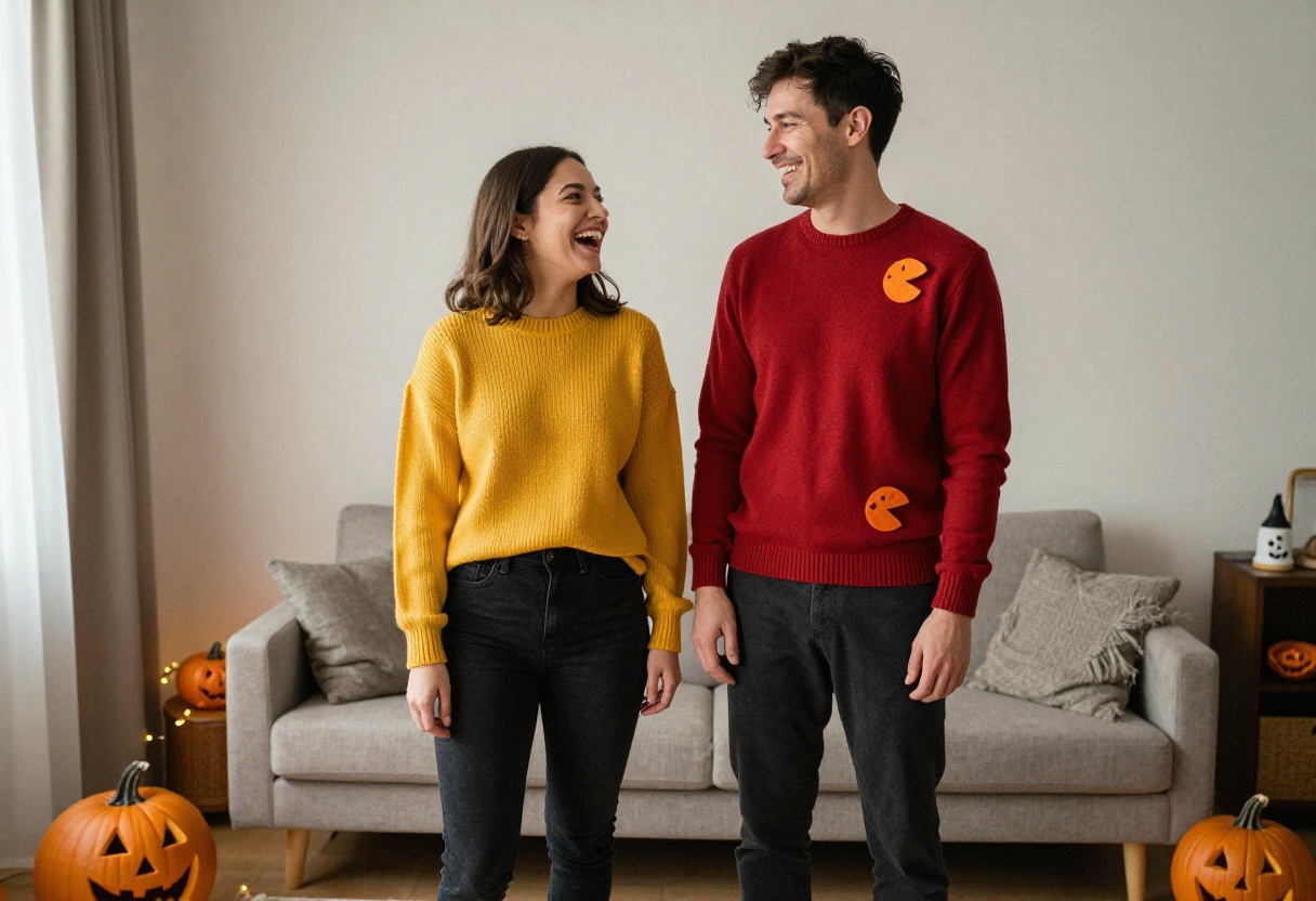 Couple wearing retro arcade Pac-Man and Ms. Pac-Man inspired Halloween costumes, laughing together in a cozy living room.