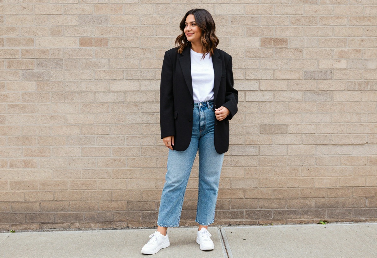 Woman wearing an 80s-inspired outfit with a black blazer, white tee, high-waisted jeans, and chunky sneakers