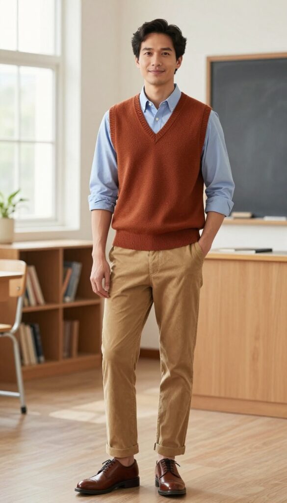 3. Layered With a Sweater Vest and Button-Down