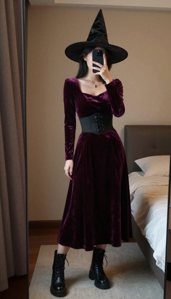 Woman with dark hair in a plum velvet witch dress and wide-brim hat taking a mirror selfie in a bedroom, styled for a Halloween costume.