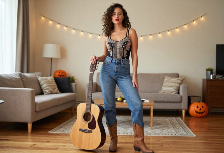 Woman dressed as Taylor Swift in bejeweled tank top and jeans, holding a guitar