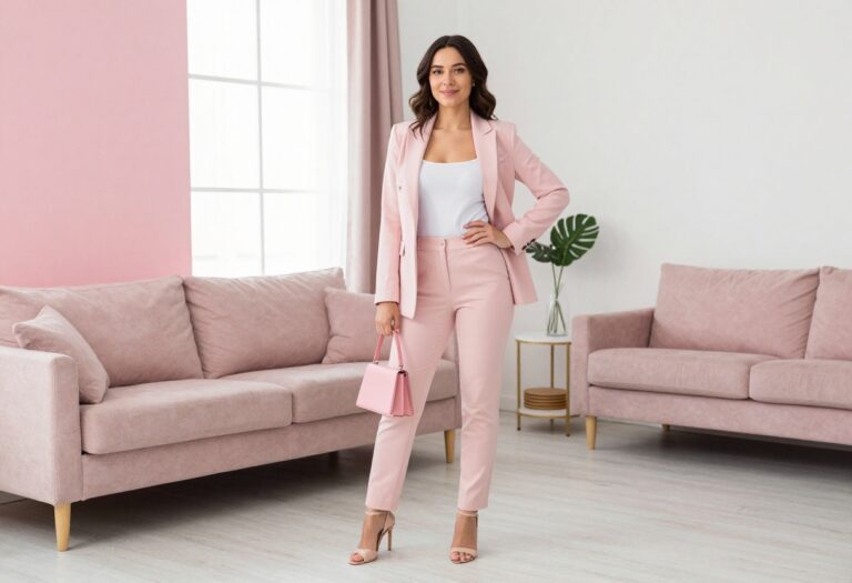 Woman wearing a pink power suit for a Barbie Halloween costume