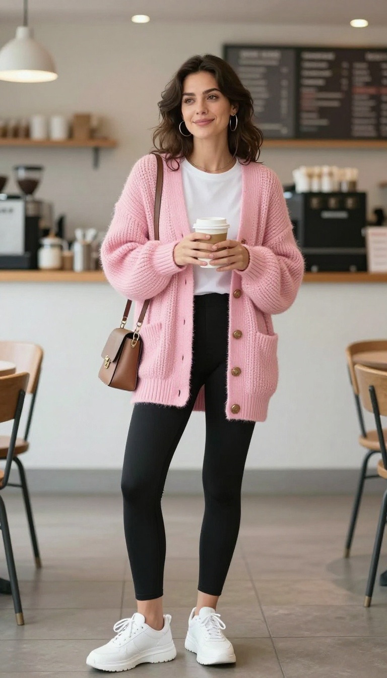 6. Oversized Cardigan with Leggings and Chunky Sneakers