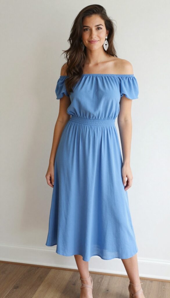 7. Sky Blue Off-the-Shoulder Dress with Statement Earrings