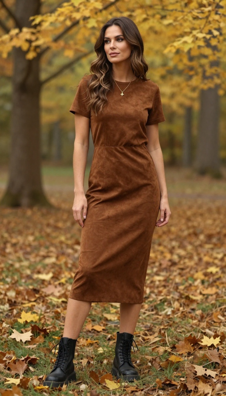 8. Goddess of the Hunt: Brown Faux Suede Dress + Lace-Up Boots