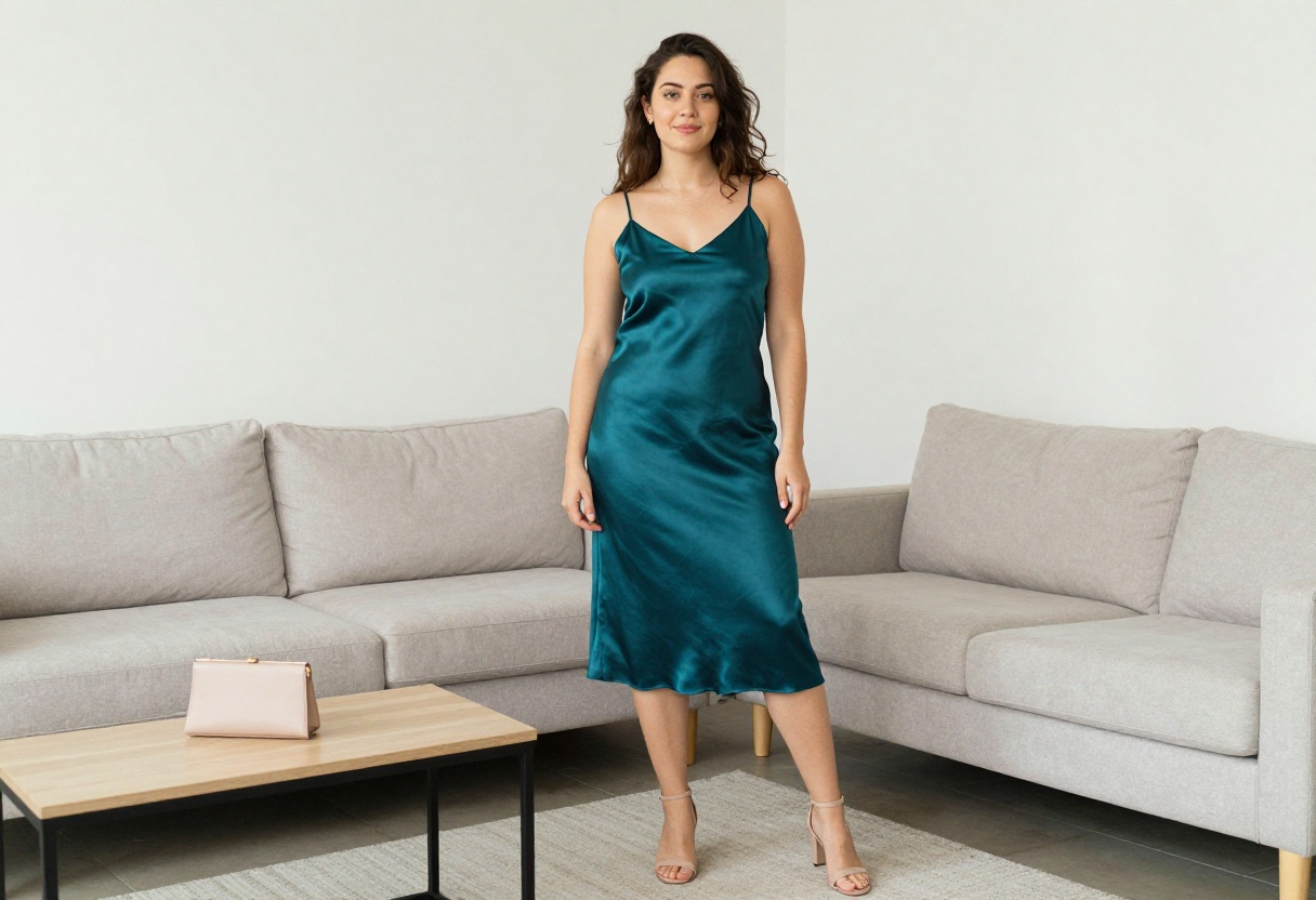 Young woman in a teal satin slip dress posing in a bright living room
