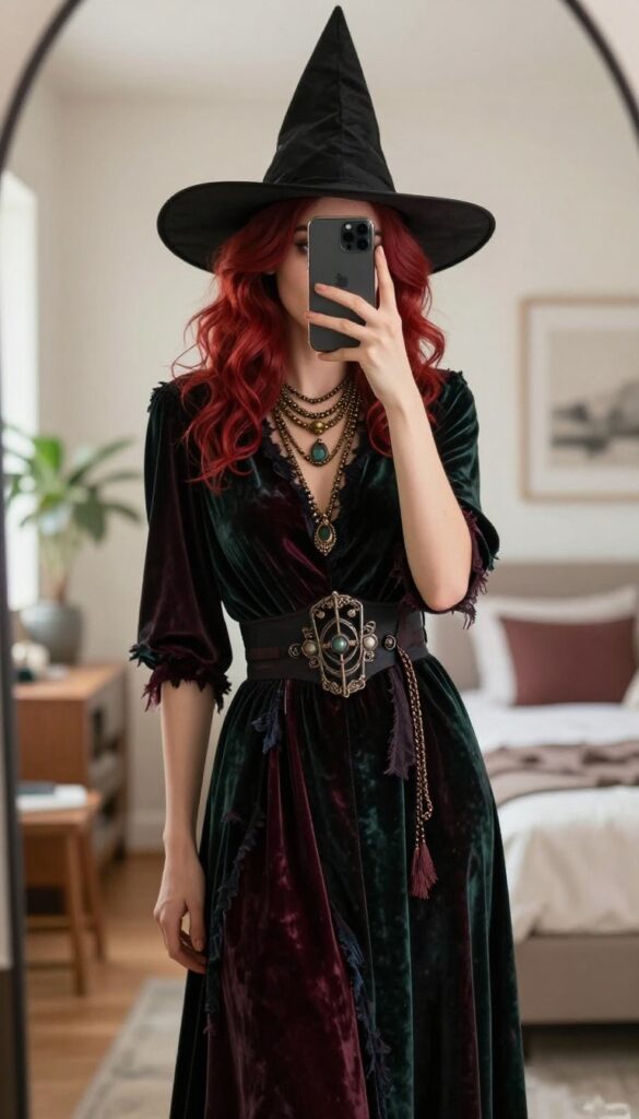 Tall woman in a dark velvet dress and witch hat taking a mirror selfie, partially covering her face with her phone, styled as Winifred Sanderson with red hair and layered jewelry.