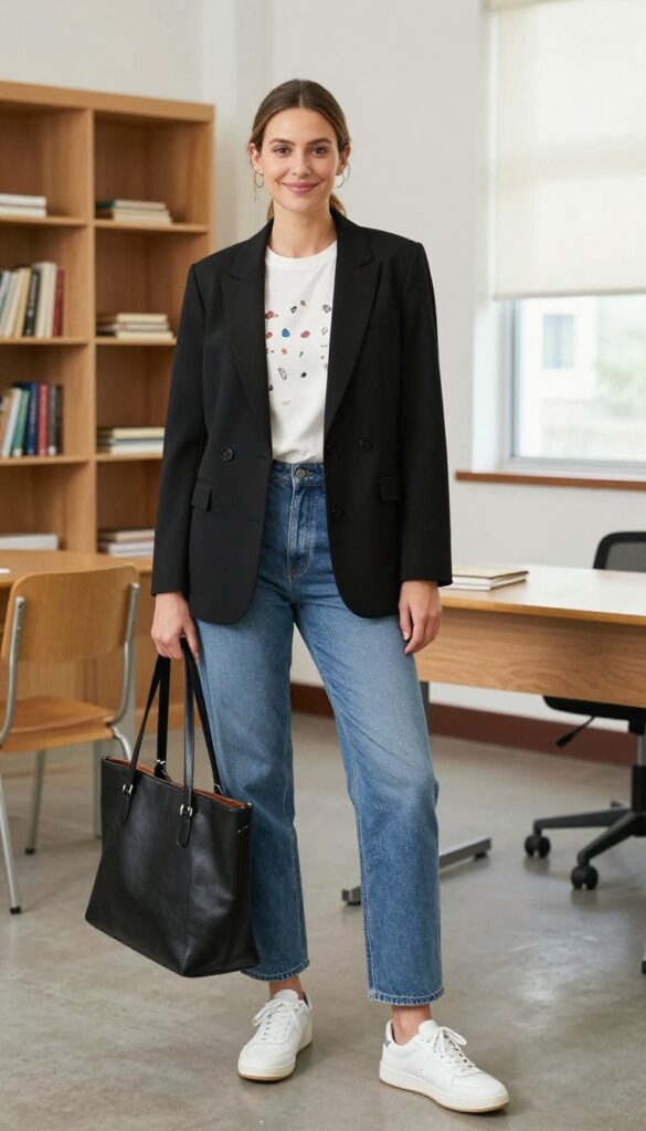 8. Graphic Tee + Blazer + Straight-Leg Jeans