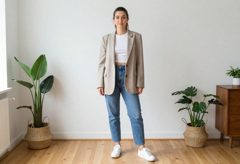 Woman wearing 80s blazer and 90s mom jeans in a bright living room