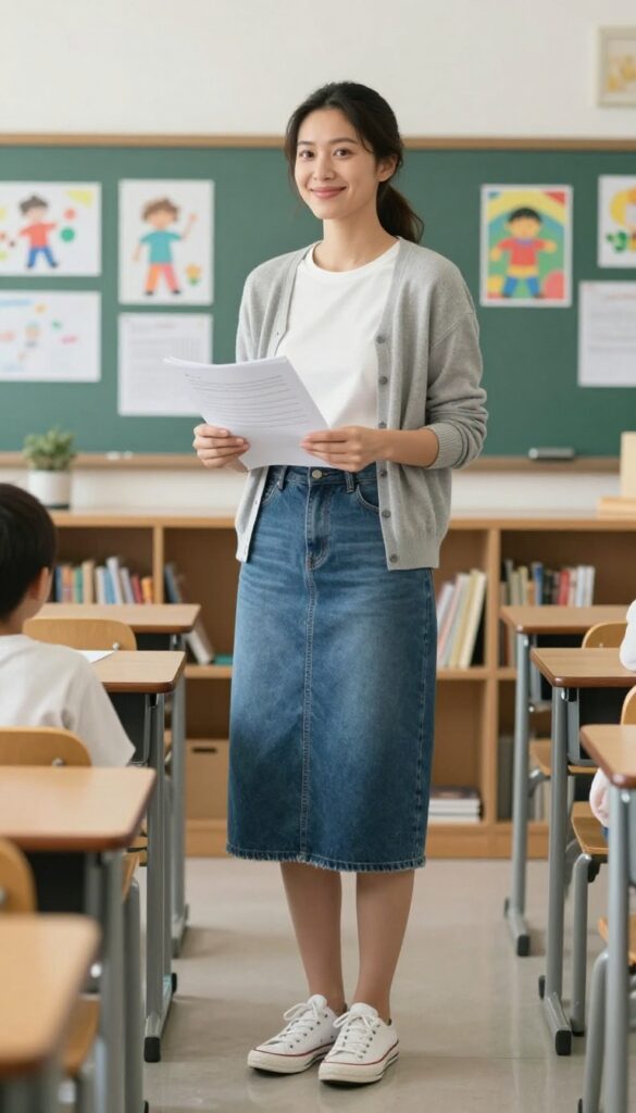 2. Denim Skirt with a Soft Tee and Cardigan