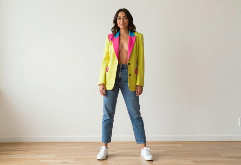 Woman wearing a colorful 80s-inspired blazer and high-waisted jeans, posing in a bright living room.
