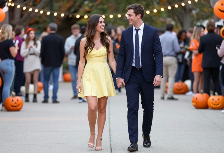Couple in matching yellow and navy outfits at a Halloween party, laughing together.