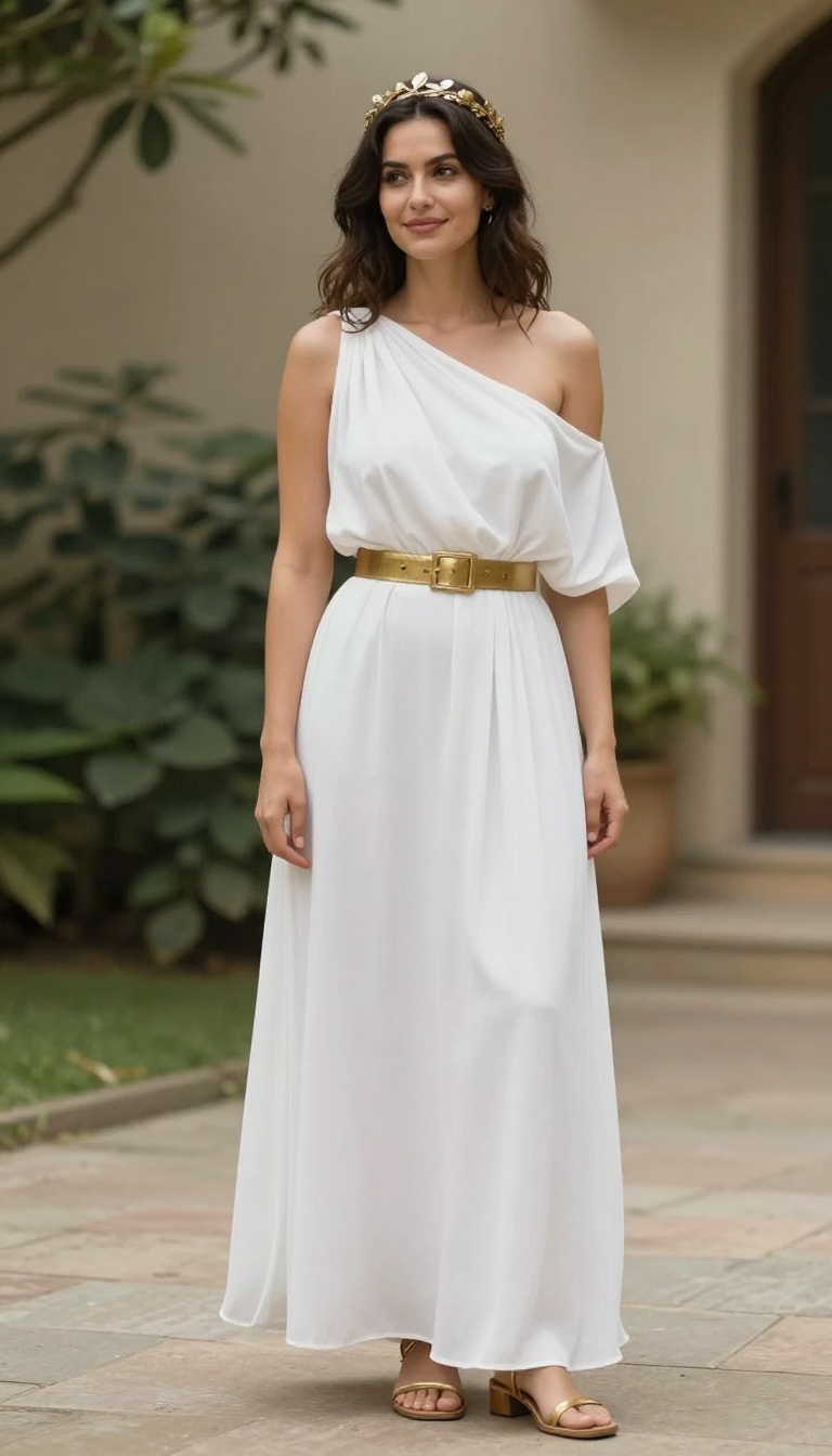 1. Classic Golden Goddess: Flowing White Dress + Gold Belt