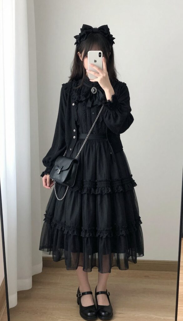 Gothic Lolita Halloween costume idea: dark-haired woman in a high-neck lace blouse, tiered tulle skirt, and Mary Janes, posing in a mirror selfie with a crossbody bag.
